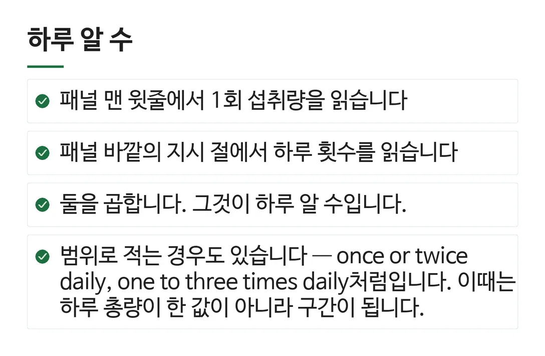 하루 알 수; 패널 맨 윗줄에서 1회 섭취량을 읽습니다; 패널 바깥의 지시 절에서 하루 횟수를 읽습니다; 둘을 곱합니다. 그것이 하루 알 수입니다.; 범위로 적는 경우도 있습니다 — once or twice daily, one to three times daily처럼입니다. 이때는 하루 총량이 한 값이 아니라 구간이 됩니다.
