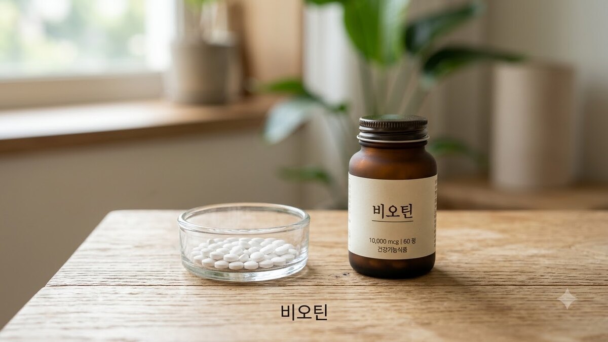 비오틴 제품 라벨을 비교하는 장면