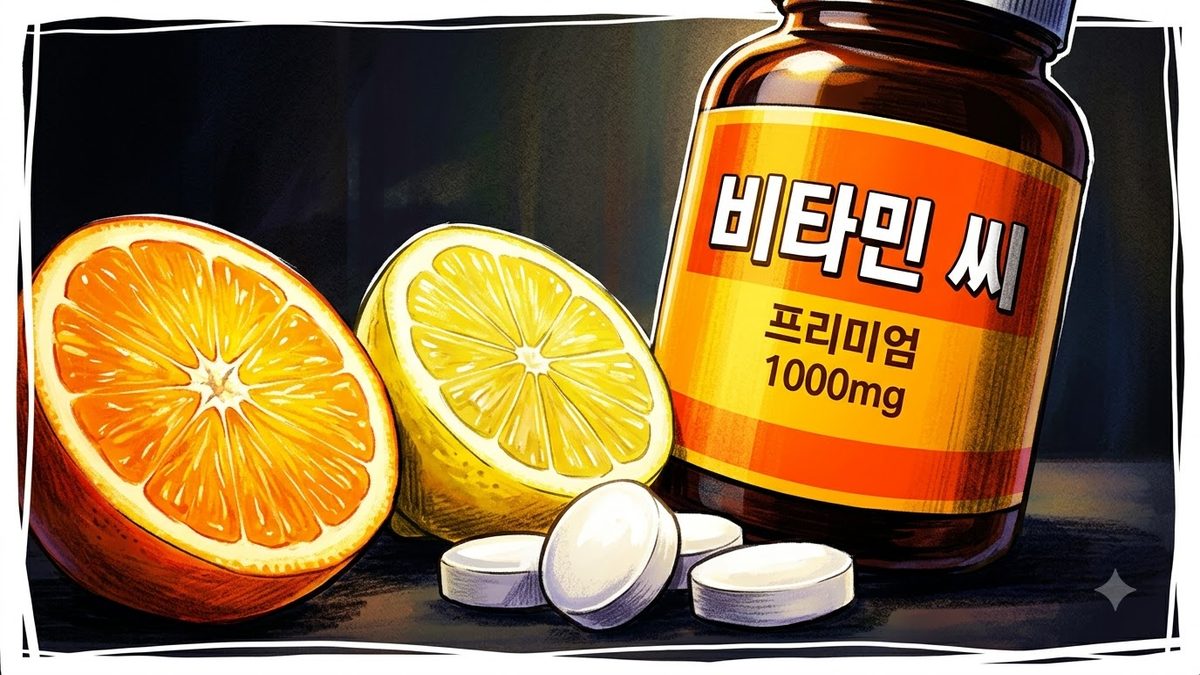 비타민 C 제품 라벨을 비교하는 장면