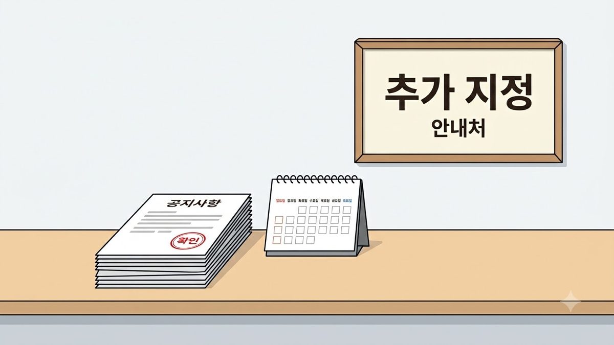 달력 옆에 쌓여 가는 공고문 더미와 도장