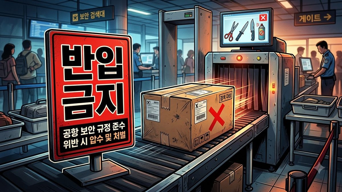 공항 검색대 컨베이어와 반입 금지 표지판