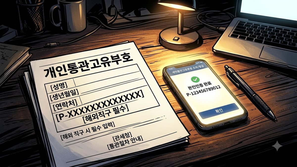 개인통관고유부호 서식과 확인 화면이 켜진 휴대폰