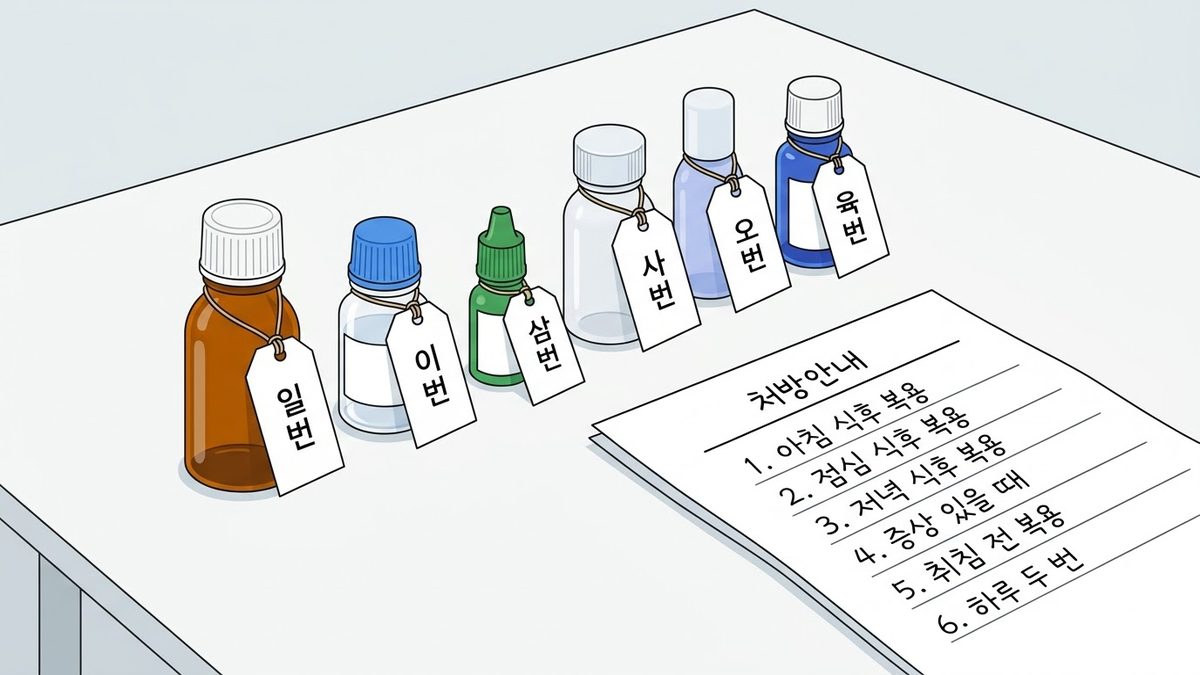 이름표가 여러 개 붙은 알약 병들이 한 줄로 놓인 모습