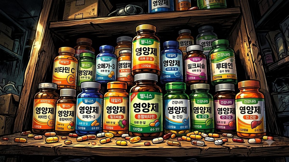 선반에 진열된 여러 영양제 병들
