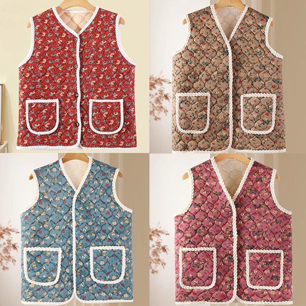 꽃무늬 김장 할머니 촌캉스 조끼 어르신 누빔 양털 융털 단추 남성 여성 보온 겨울 기모조끼 상세 이미지 2